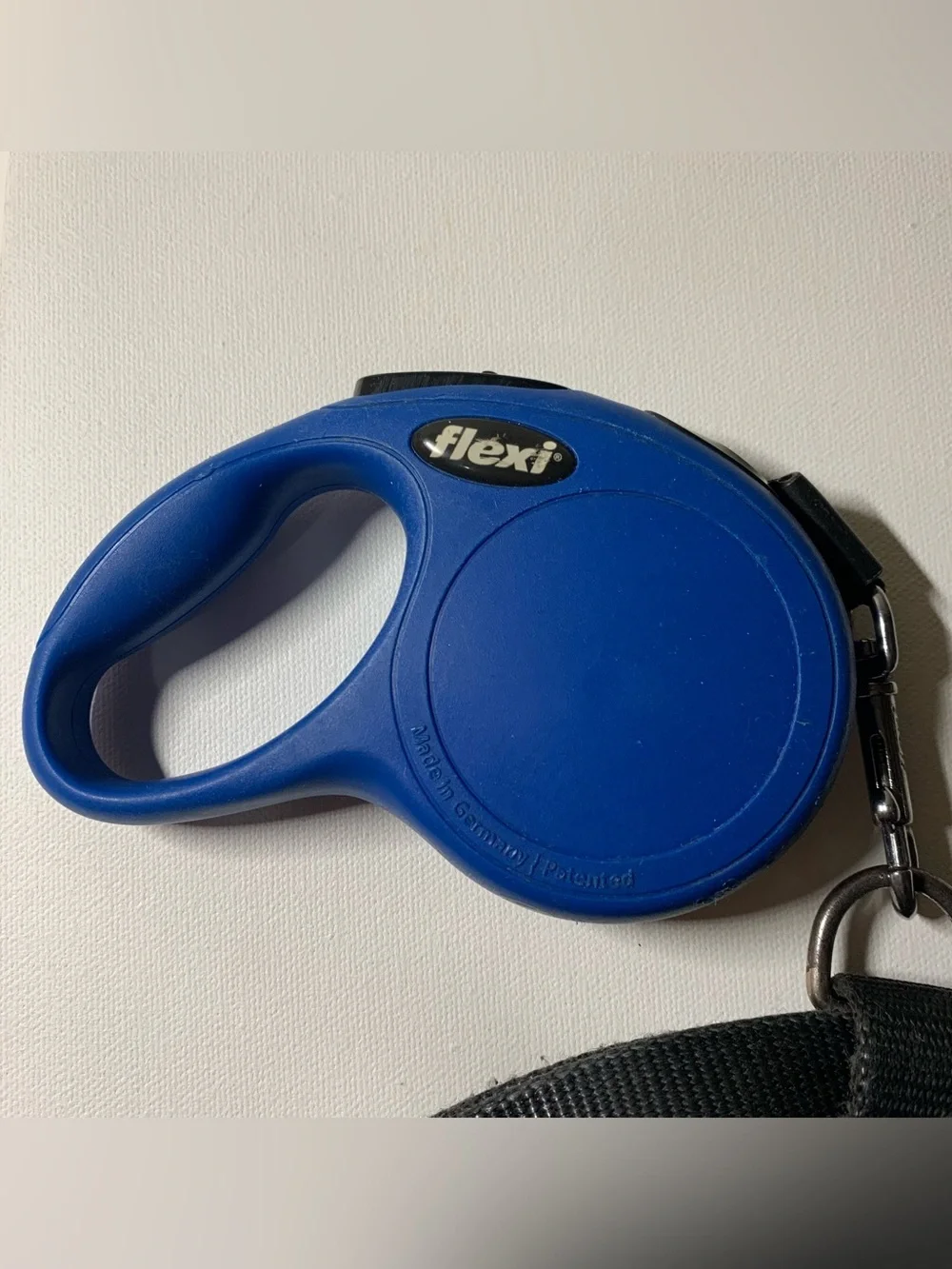 Blue Flexi retractable leash paired with a black nylon pet harness